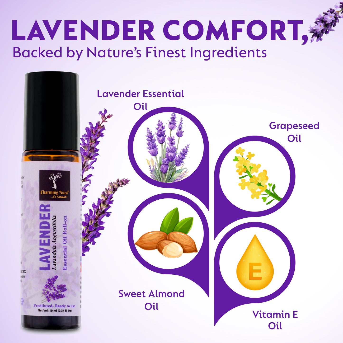 Lavender Essential Oil | Roll-On | Prediluted ready to use | Skin Care | Combats Negative Emotions | Stress Relief | Sound Sleep | 10ml |