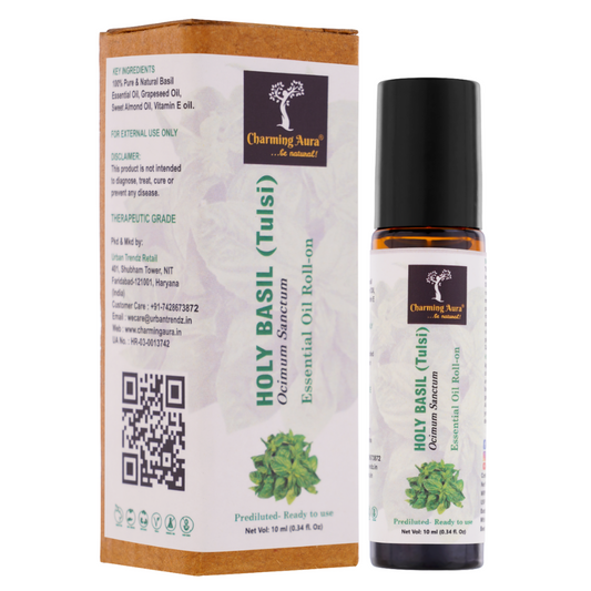 Holy Basil (Tulsi) Essential Oil | Roll-On | Prediluted ready to use | Pure & Natural Therapeutic Grade | Pain Relief | Relieves from Cold & Flu | 10ml |