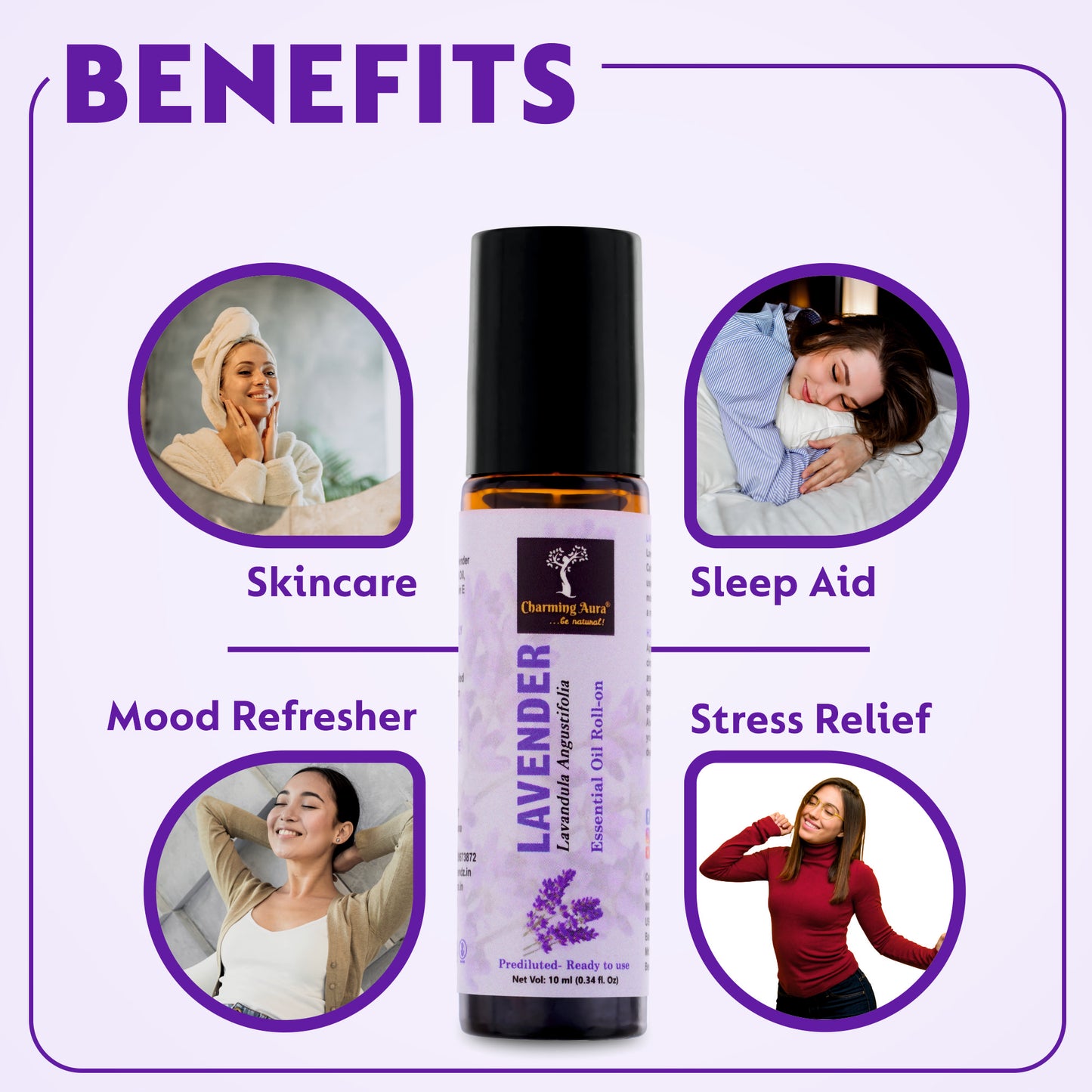 Lavender Essential Oil | Roll-On | Prediluted ready to use | Skin Care | Combats Negative Emotions | Stress Relief | Sound Sleep | 10ml |