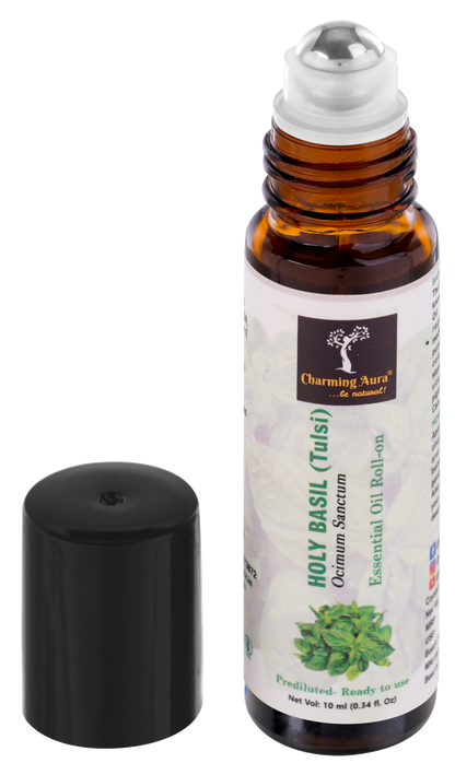 Holy Basil (Tulsi) Essential Oil | Roll-On | Prediluted ready to use | Pure & Natural Therapeutic Grade | Pain Relief | Relieves from Cold & Flu | 10ml |