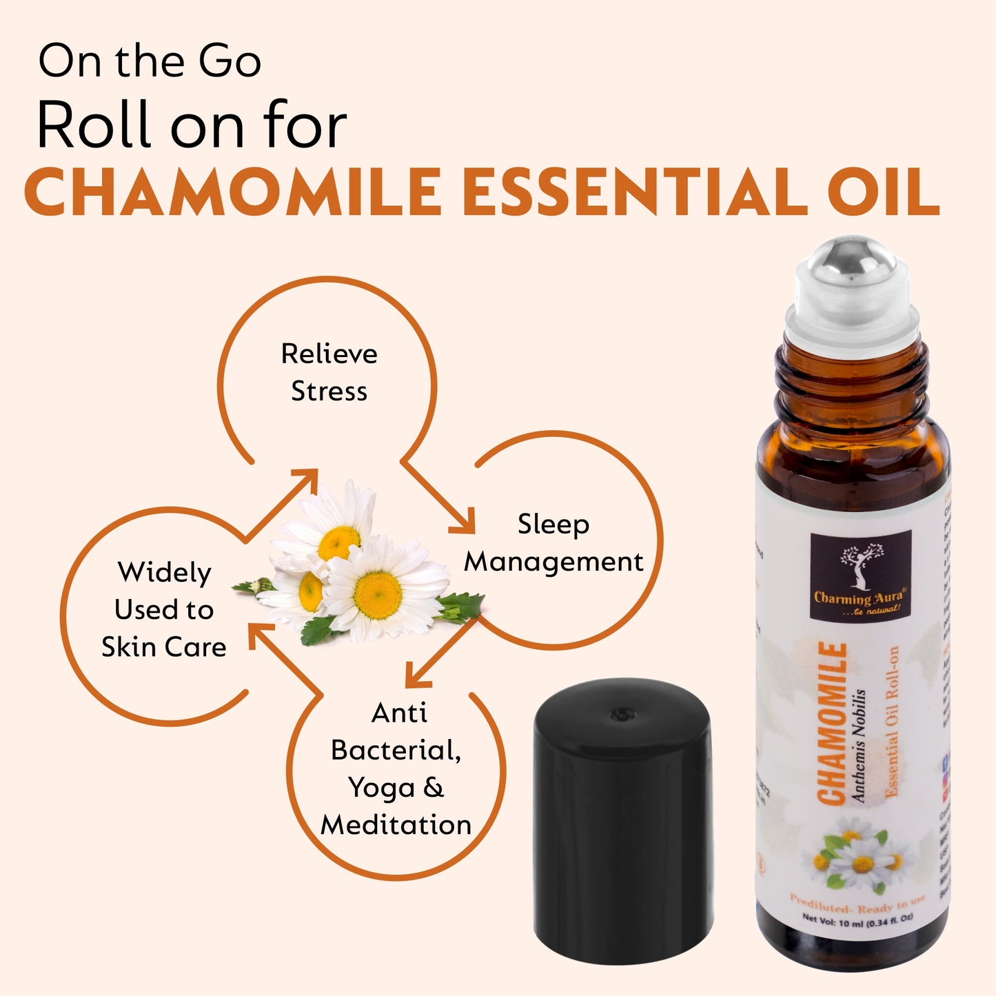 Chamomile Essential Oil | Roll-On | Prediluted ready to use | for Skin Care, relieve stress, Sleep help, Meditation, Concentration, respiratory problems | 10ml