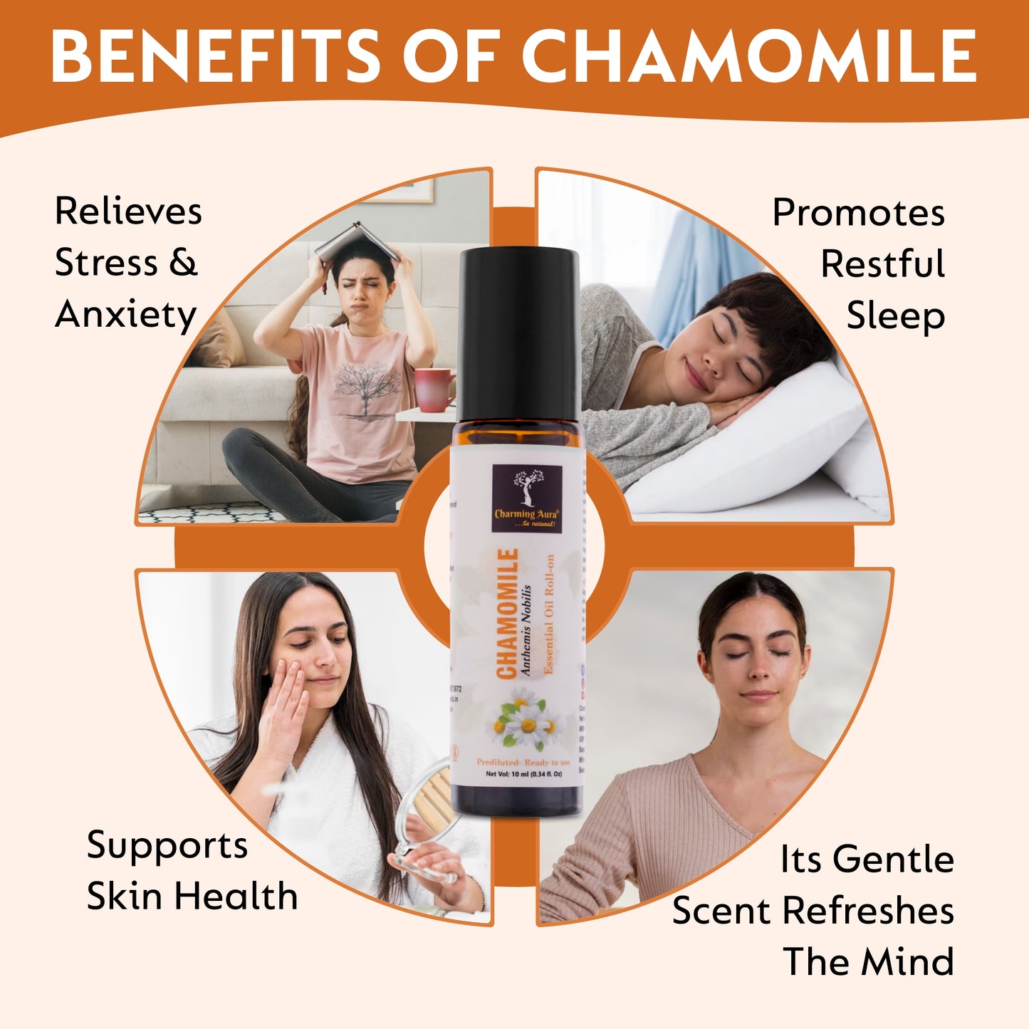 Chamomile Essential Oil | Roll-On | Prediluted ready to use | for Skin Care, relieve stress, Sleep help, Meditation, Concentration, respiratory problems | 10ml