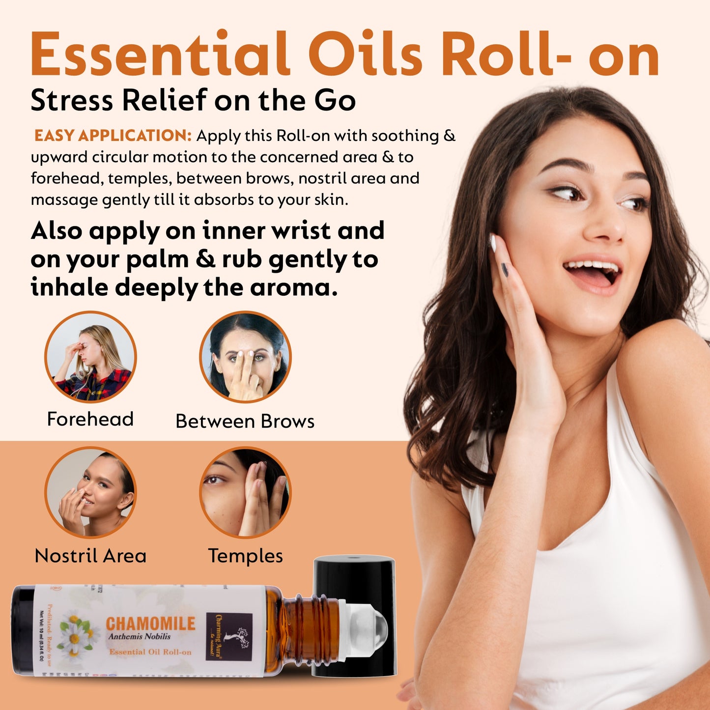 Chamomile Essential Oil | Roll-On | Prediluted ready to use | for Skin Care, relieve stress, Sleep help, Meditation, Concentration, respiratory problems | 10ml