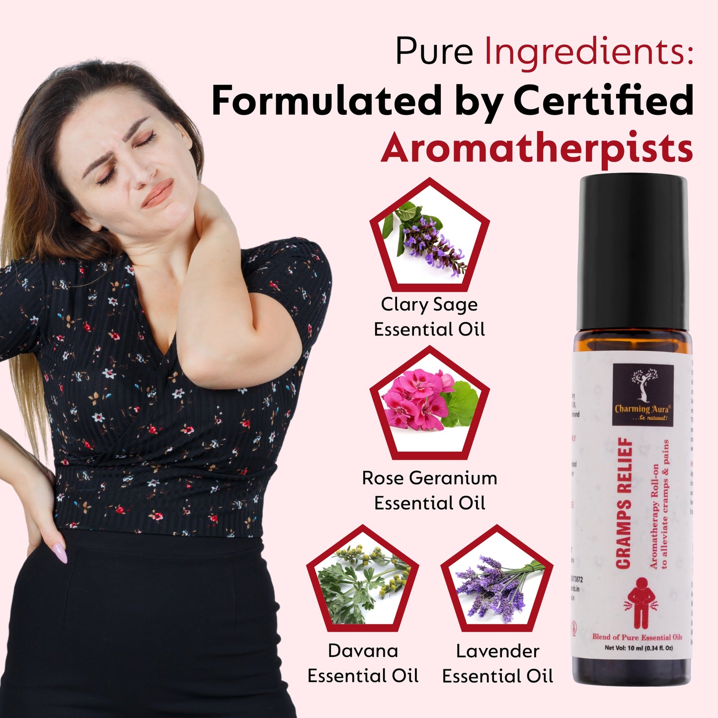 Cramps Relief Aromatherapy Roll-on for women | Blend of Pure & Natural Essential Oils | for Menstrual pain & Cramps relief | Eleviate Mood Swings | with richness of Clary Sage & Davana Oil - 10ml