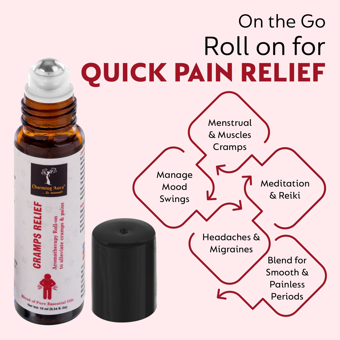 Cramps Relief Aromatherapy Roll-on for women | Blend of Pure & Natural Essential Oils | for Menstrual pain & Cramps relief | Eleviate Mood Swings | with richness of Clary Sage & Davana Oil - 10ml