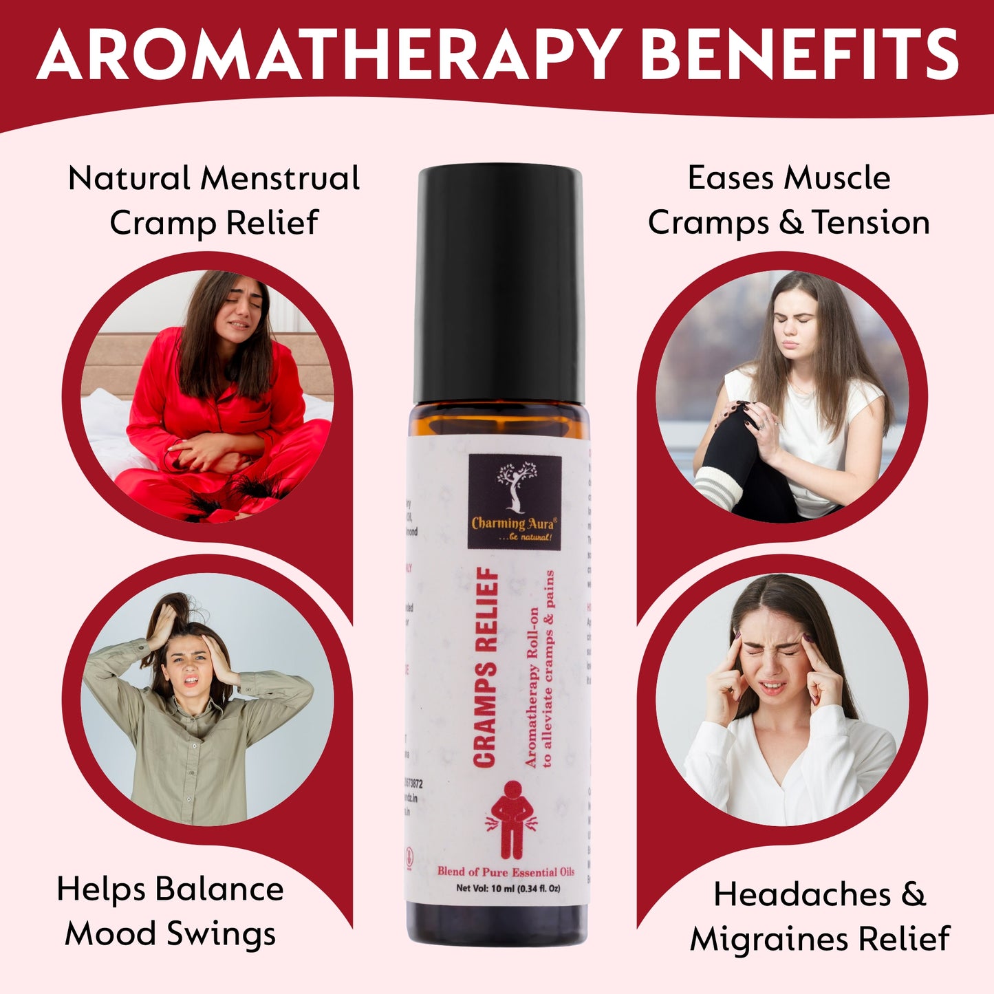 Cramps Relief Aromatherapy Roll-on for women | Blend of Pure & Natural Essential Oils | for Menstrual pain & Cramps relief | Eleviate Mood Swings | with richness of Clary Sage & Davana Oil - 10ml