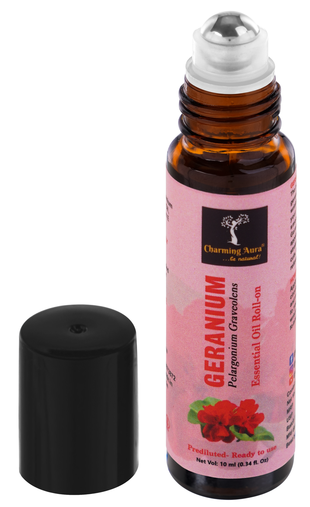 Geranium Essential Oil | Roll-On | Prediluted ready to use | for Pain relief, Stress relief, Skin Care | 10ml