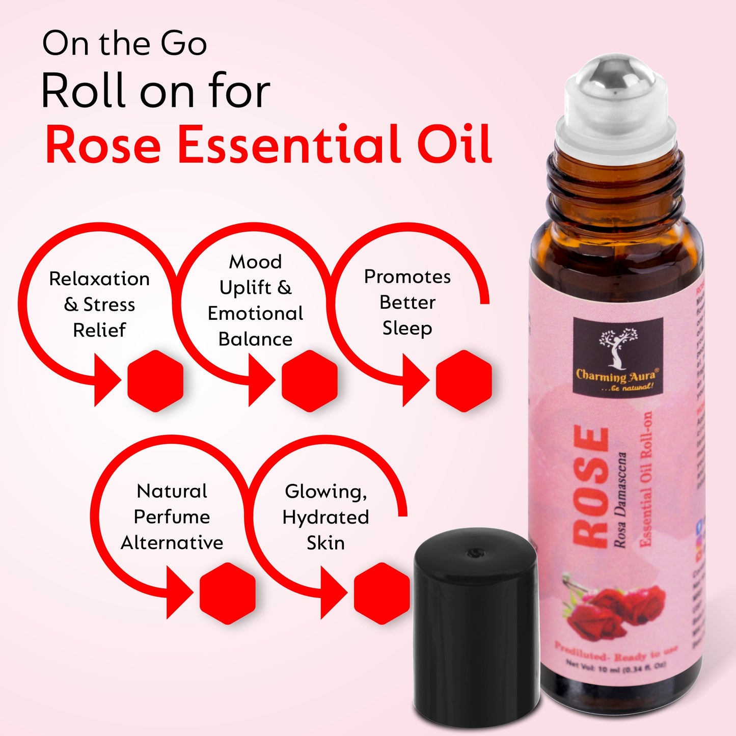 Rose Essential Oil | Roll-On | Prediluted ready to use | for Stress relief, Skin Care, Meditation, Yoga, Reiki healing, Mood Freshener | 10ml |