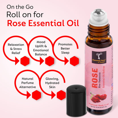 Rose Essential Oil | Roll-On | Prediluted ready to use | for Stress relief, Skin Care, Meditation, Yoga, Reiki healing, Mood Freshener | 10ml |