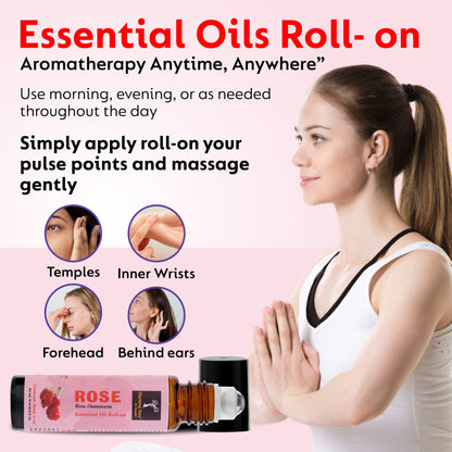 Rose Essential Oil | Roll-On | Prediluted ready to use | for Stress relief, Skin Care, Meditation, Yoga, Reiki healing, Mood Freshener | 10ml |