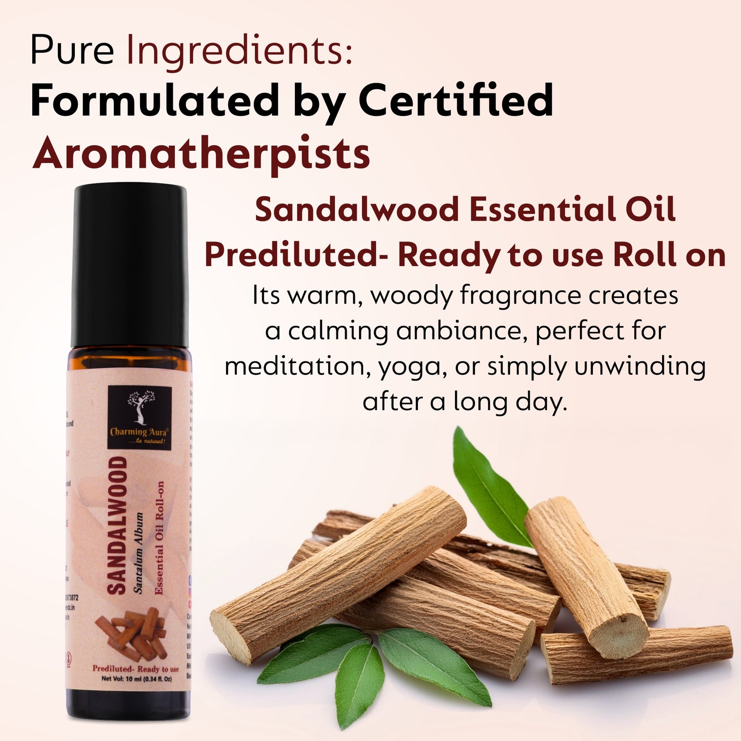 Sandalwood Essential Oil | Roll-on | for Skin Care, Yoga, Meditation, Refreshment, Reiki, Stress relief | 10ml | Prediluted- Ready to use |