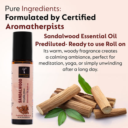 Sandalwood Essential Oil | Roll-on | for Skin Care, Yoga, Meditation, Refreshment, Reiki, Stress relief | 10ml | Prediluted- Ready to use |