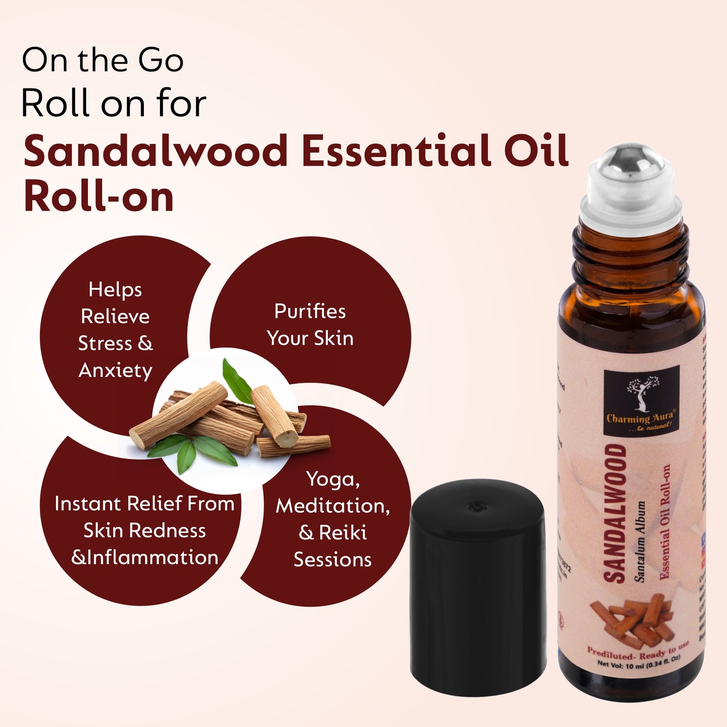 Sandalwood Essential Oil | Roll-on | for Skin Care, Yoga, Meditation, Refreshment, Reiki, Stress relief | 10ml | Prediluted- Ready to use |