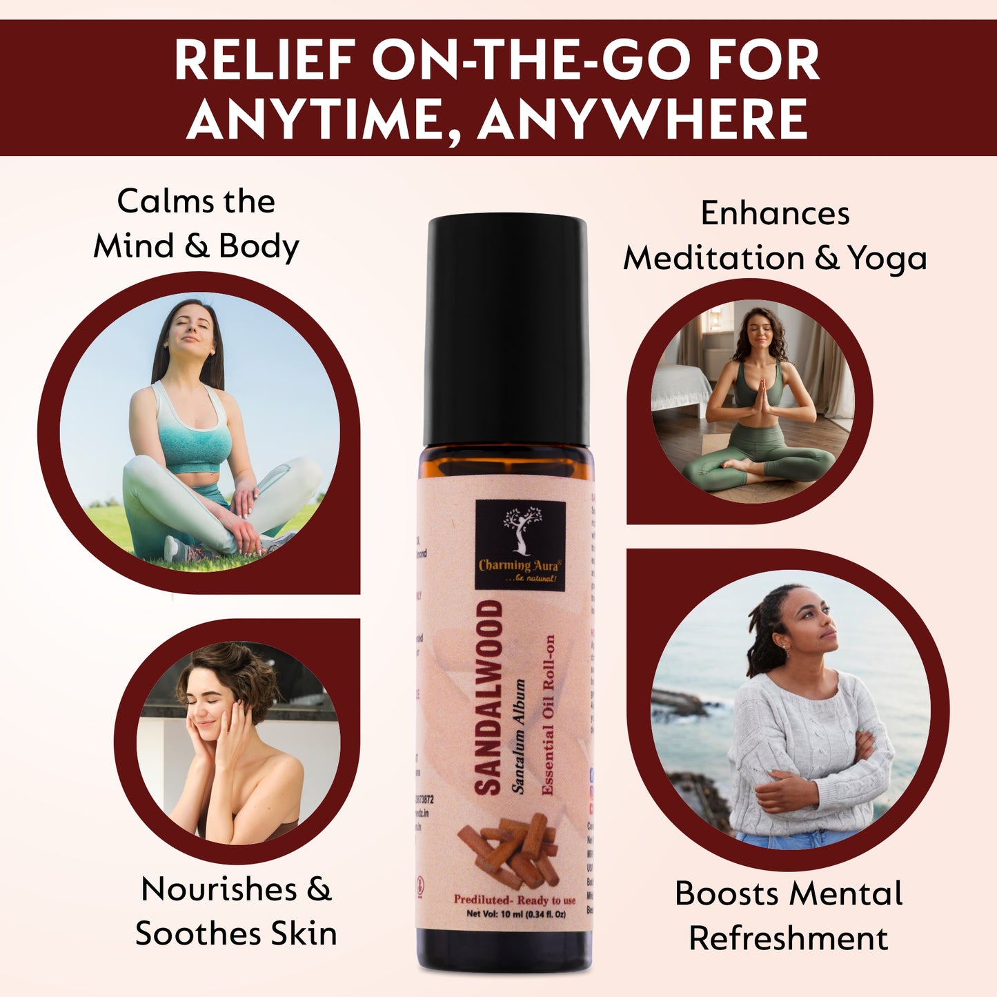 Sandalwood Essential Oil | Roll-on | for Skin Care, Yoga, Meditation, Refreshment, Reiki, Stress relief | 10ml | Prediluted- Ready to use |