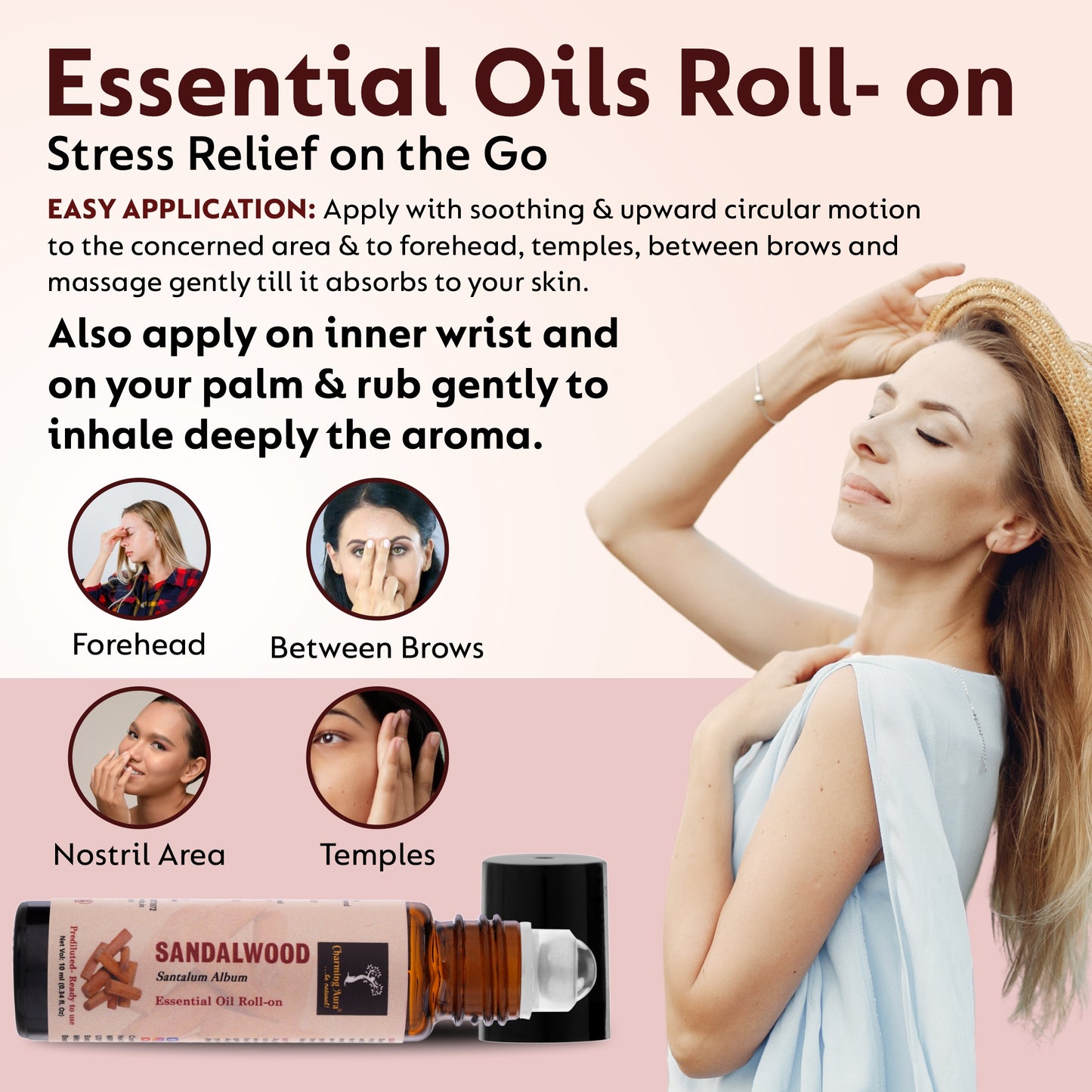 Sandalwood Essential Oil | Roll-on | for Skin Care, Yoga, Meditation, Refreshment, Reiki, Stress relief | 10ml | Prediluted- Ready to use |