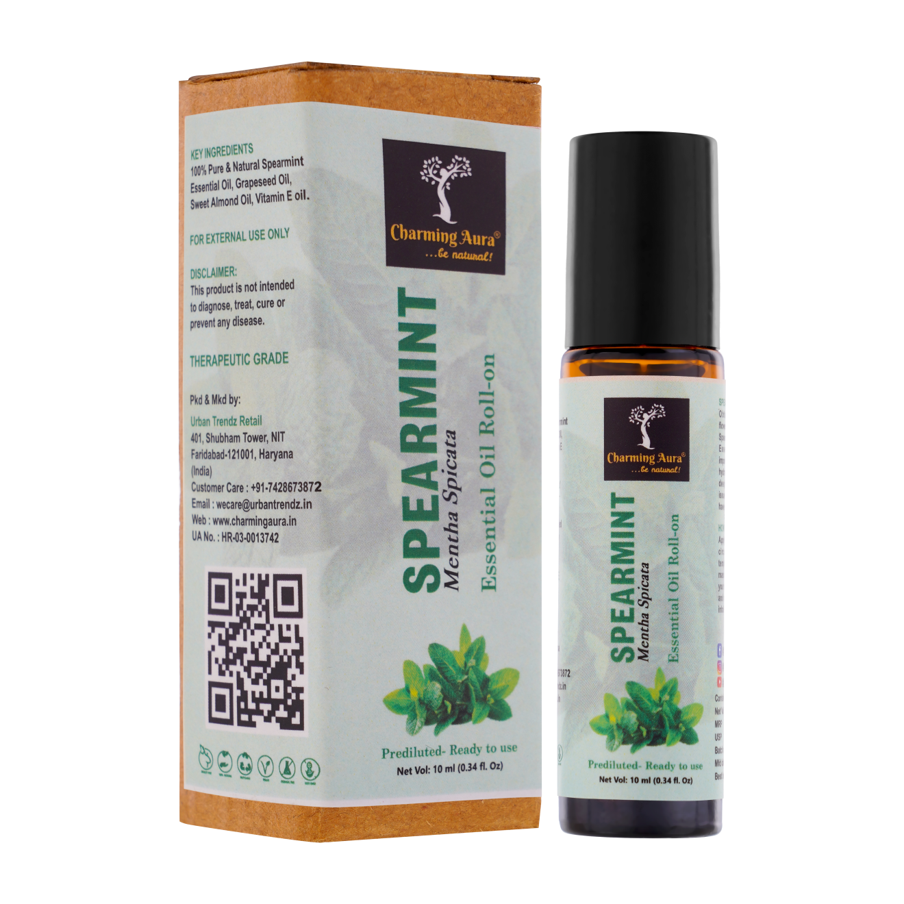 Spearmint Essential Oil | Roll-On | Prediluted ready to use | for Stress relief, Skin Care, Meditation, Yoga, Mood Freshener, Sleep Help | 10ml