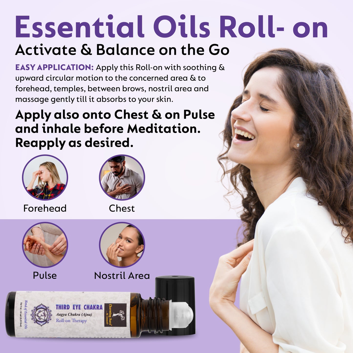 Third Eye Chakra (Aagya Chakra-Ajna) Roll-on Therapy Oil- Blend of Pure & Natural Essential Oils, Foster Mindfulness & Intuitions- 10ml