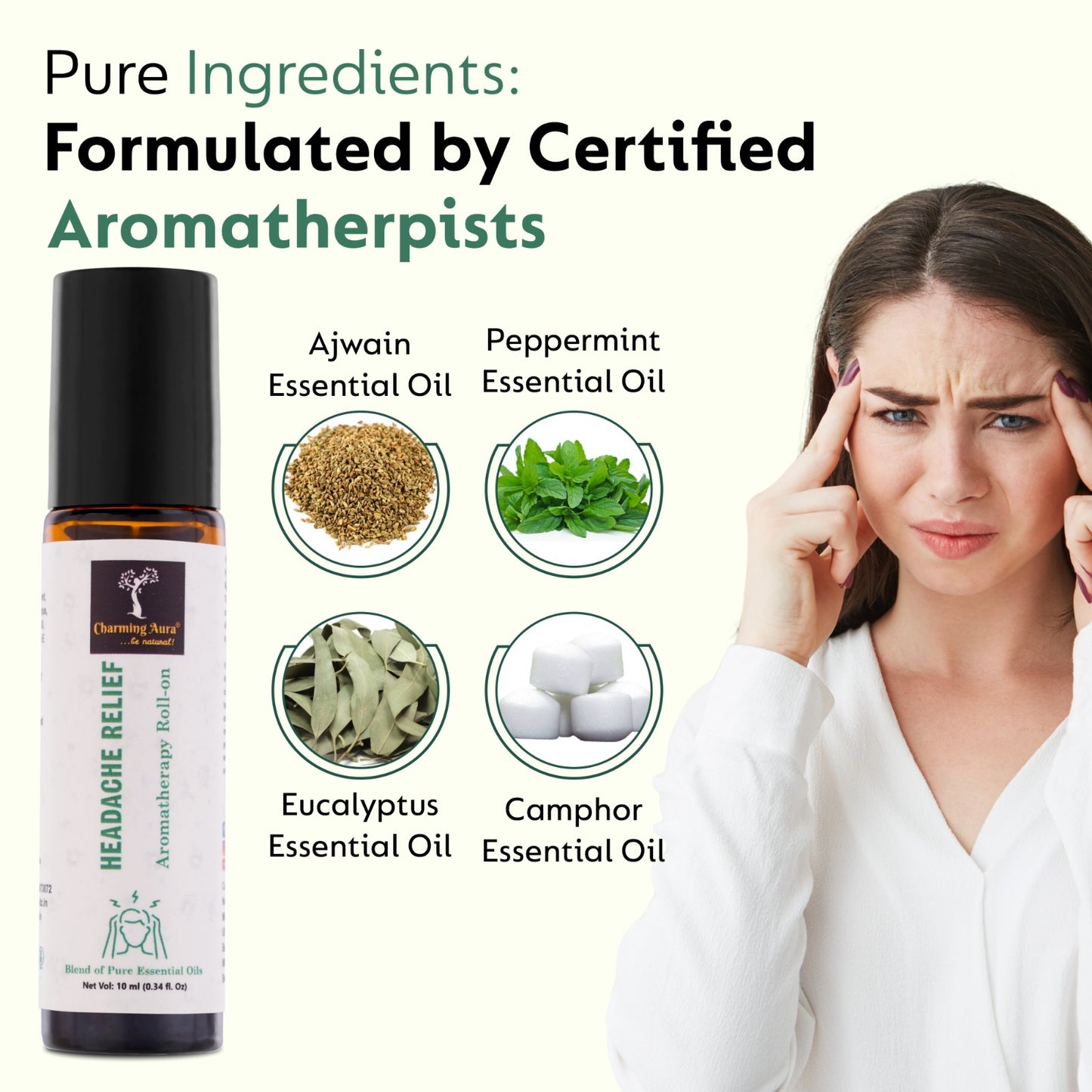 Headache Relief Aromatherapy Roll-on | Natural Remedy for Headache & Migraine | Blend of Pure Essential Oils | Eucalyptus, Peppermint, Ajwain | Easy to Apply | Travel Friendly |