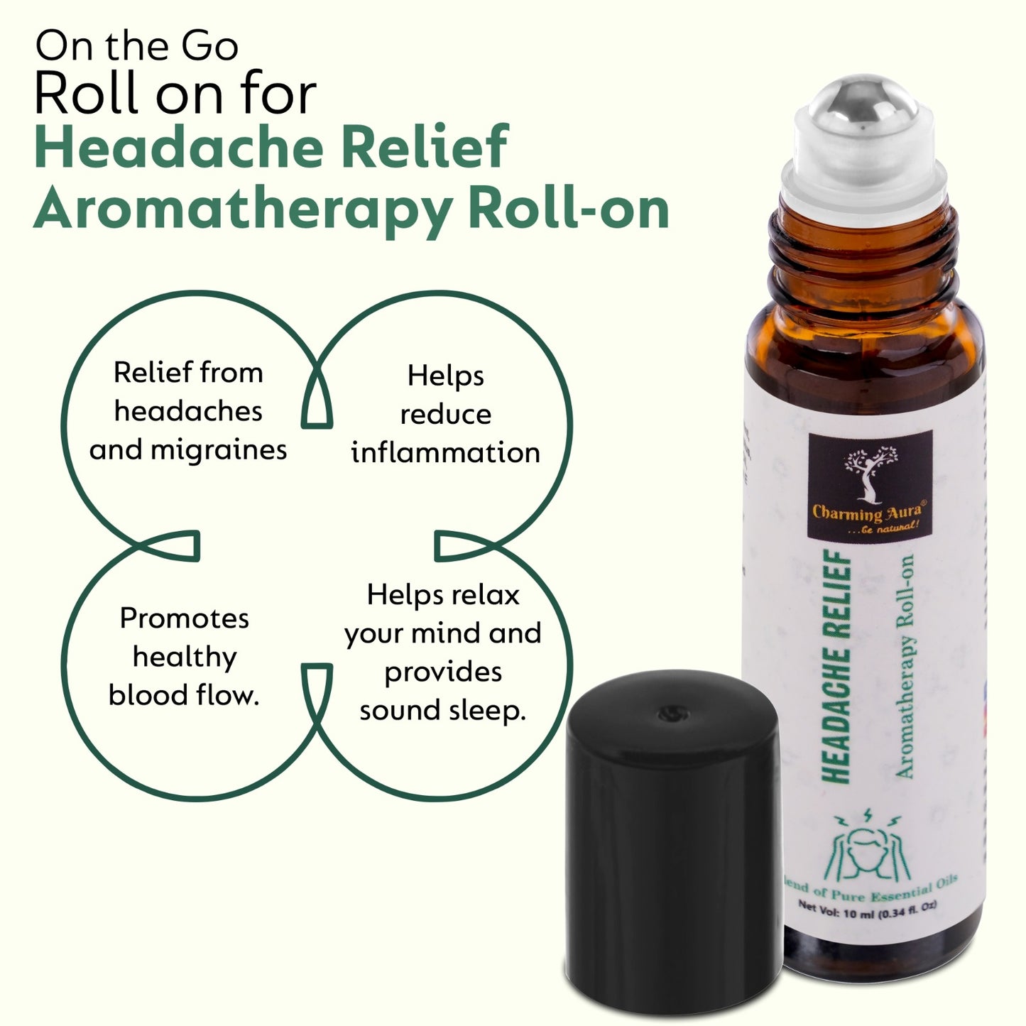 Headache Relief Aromatherapy Roll-on | Natural Remedy for Headache & Migraine | Blend of Pure Essential Oils | Eucalyptus, Peppermint, Ajwain | Easy to Apply | Travel Friendly |