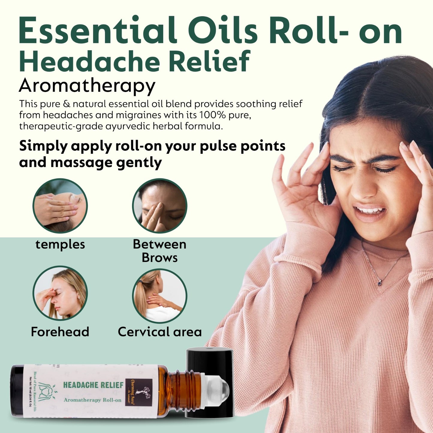 Headache Relief Aromatherapy Roll-on | Natural Remedy for Headache & Migraine | Blend of Pure Essential Oils | Eucalyptus, Peppermint, Ajwain | Easy to Apply | Travel Friendly |