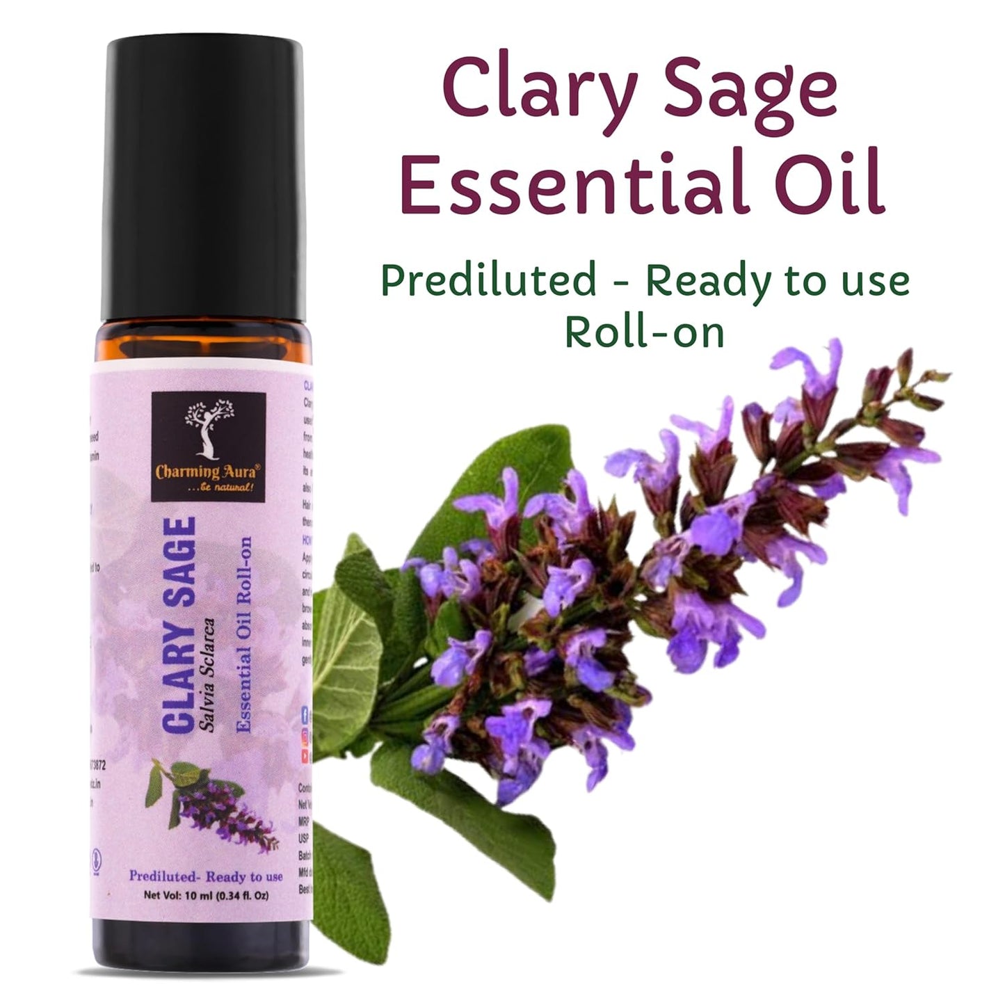 Clary Sage Essential Oil | Roll-on | for Skin Care, Yoga, Meditation, Refreshment, Reiki, Stress relief | 10ml | Prediluted- Ready to use |