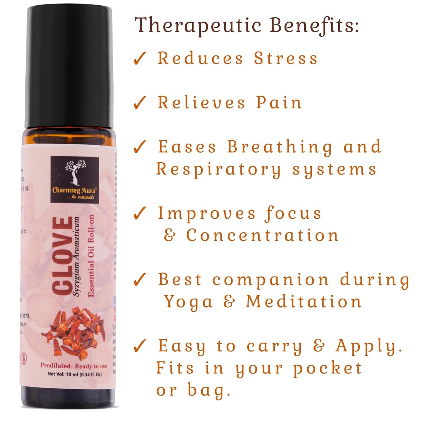 Clove Bud Essential Oil | Roll-On | for Pain Relief, Easy breathing, Stress Relief | Pure & Natural Therapeutic Grade | Prediluted Ready to use |10ml |