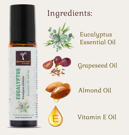 Eucalyptus Essential Oil | Roll-On | Prediluted ready to use | Pure & Natural Therapeutic Grade | Pain Relief | Relieves from Cold & Flu | 10ml |