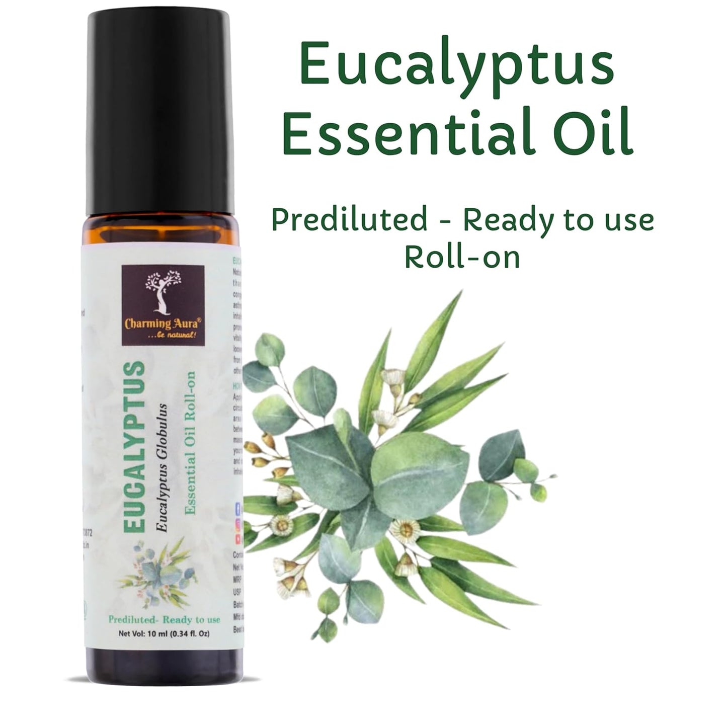 Eucalyptus Essential Oil | Roll-On | Prediluted ready to use | Pure & Natural Therapeutic Grade | Pain Relief | Relieves from Cold & Flu | 10ml |