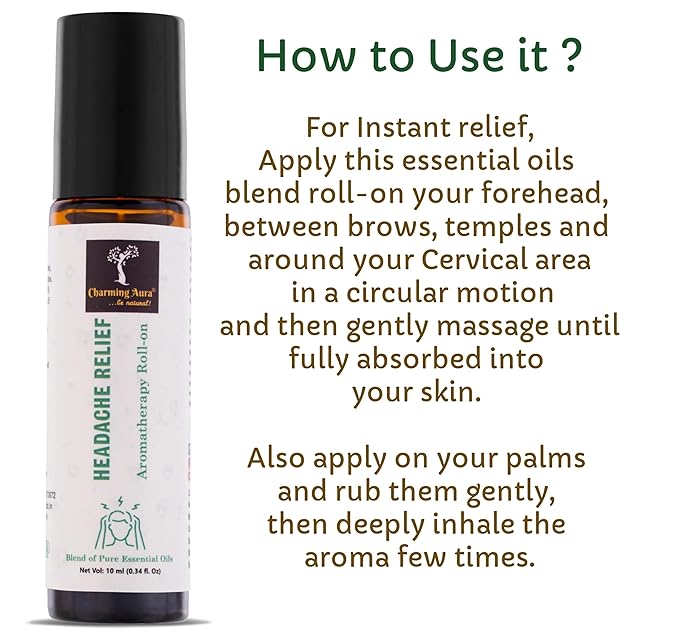 Headache Relief Aromatherapy Roll-on | Natural Remedy for Headache & Migraine | Blend of Pure Essential Oils | Eucalyptus, Peppermint, Ajwain | Easy to Apply | Travel Friendly |