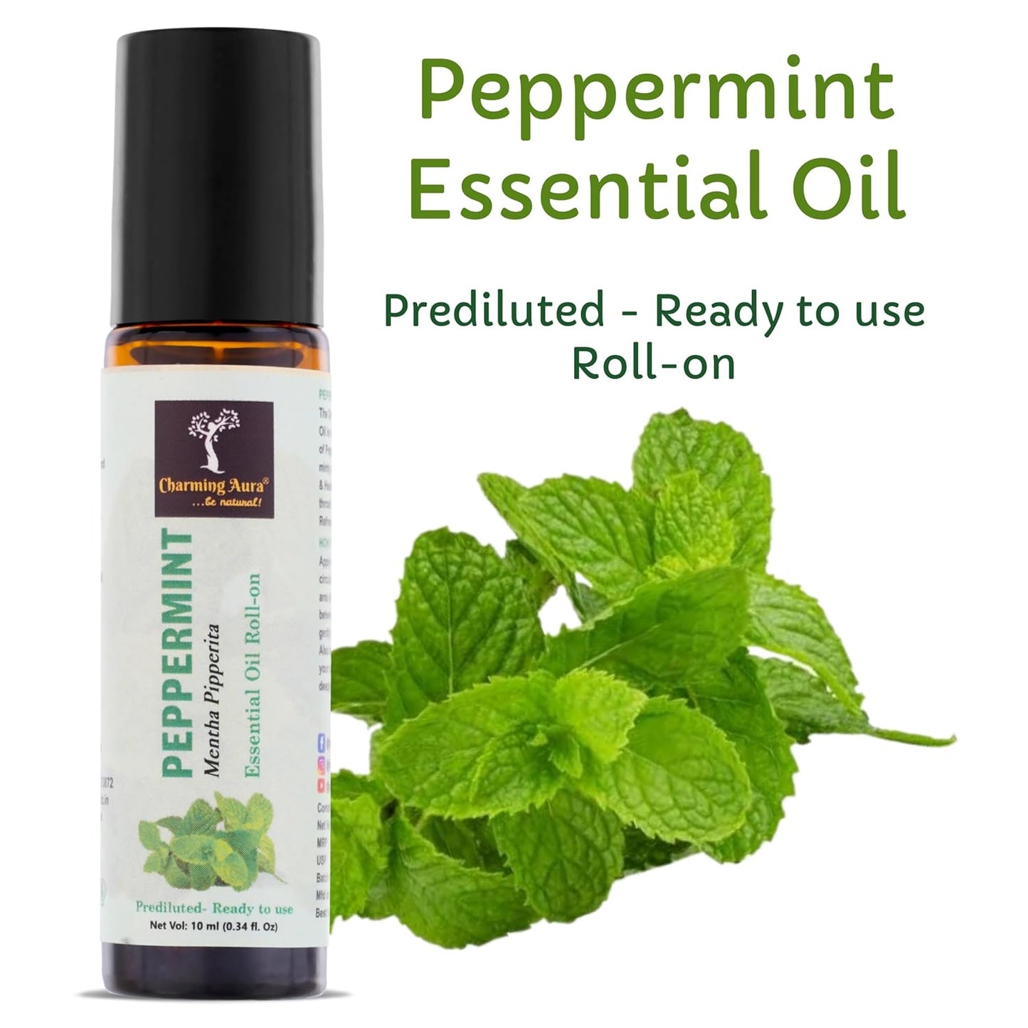 Peppermint Essential Oil | Roll-On | Prediluted ready to use | for Stress relief, Skin Care, Meditation, Headache Relief, Concentration | 10ml