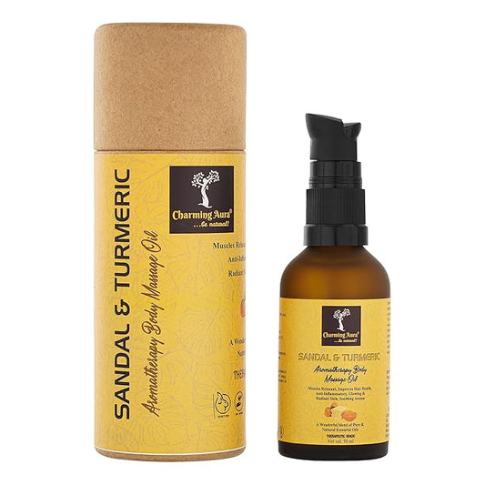 Sandalwood & Turmeric Aromatherapy body massage Oil, Muscle relaxant, Improves Hair Health, Stimulates Relaxation, Glowing & Radiant skin, Anti Inflammatory - 50ml