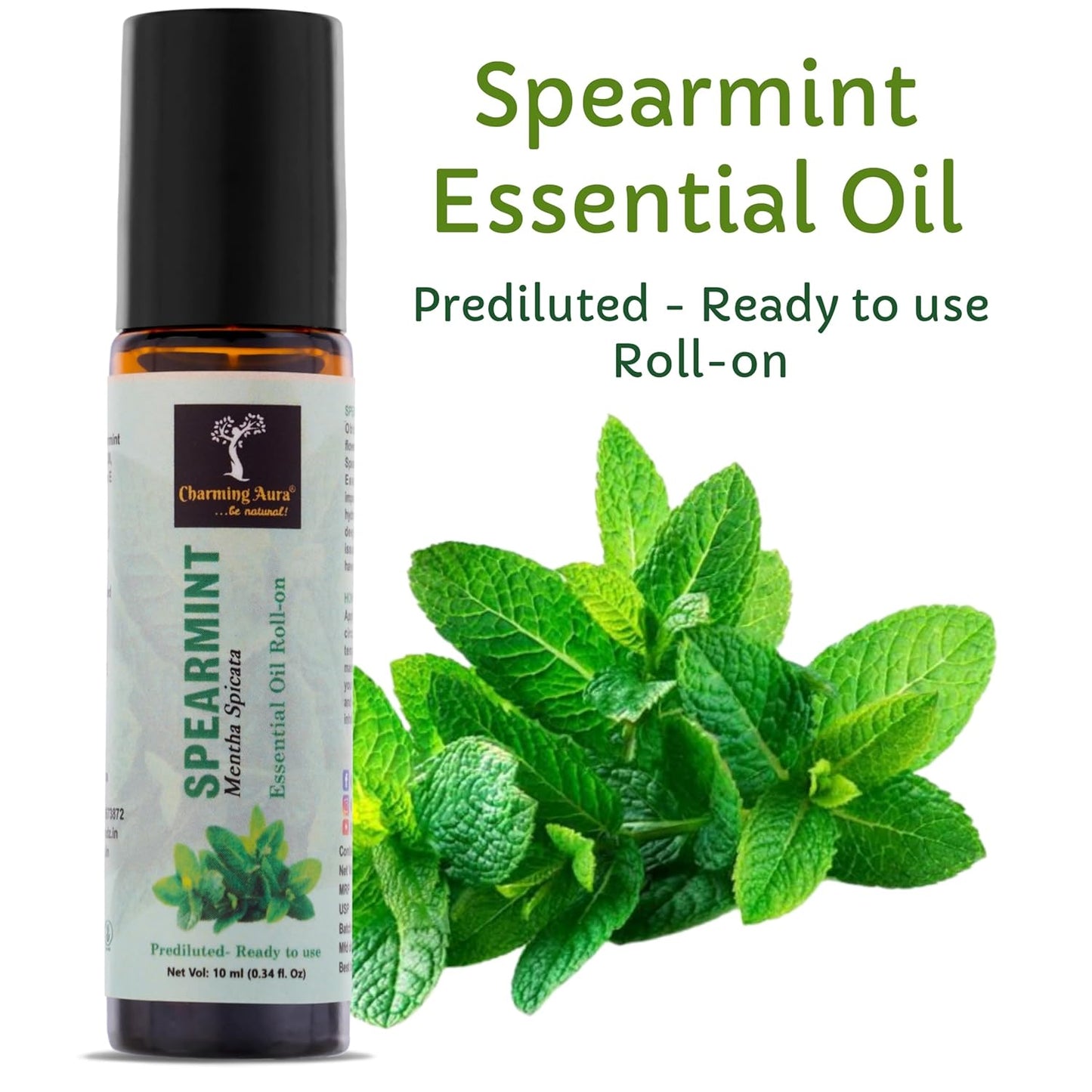 Spearmint Essential Oil | Roll-On | Prediluted ready to use | for Stress relief, Skin Care, Meditation, Yoga, Mood Freshener, Sleep Help | 10ml